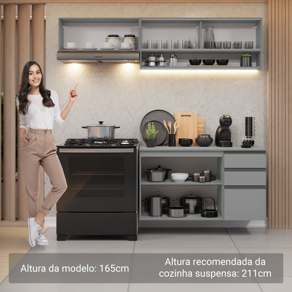 Armário de Cozinha Compacta Suspenso 200cm Cinza Nice Madesa 12