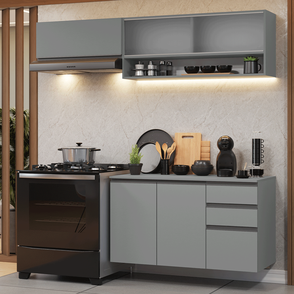 Armário de Cozinha Compacta Suspenso 200cm Cinza Nice Madesa 11 - Cinza