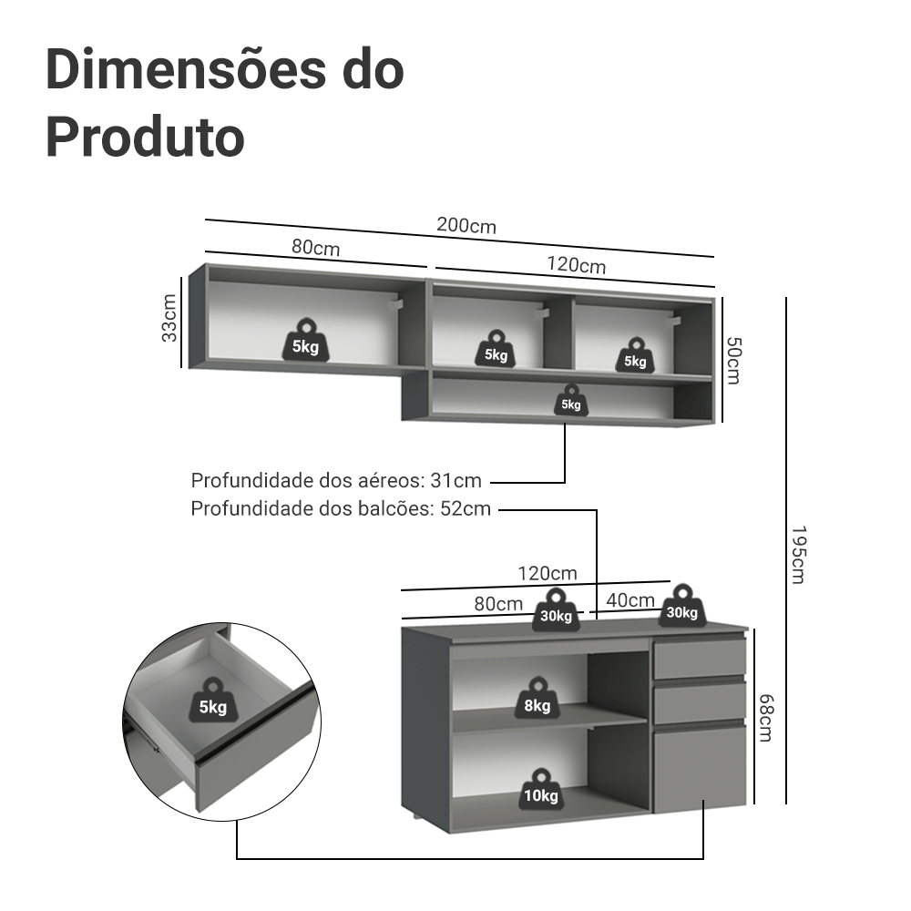 Armário de Cozinha Compacta Suspenso 200cm Cinza Nice Madesa 11