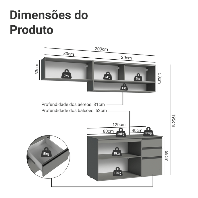 Armário de Cozinha Compacta Suspenso 200cm Cinza Nice Madesa 11