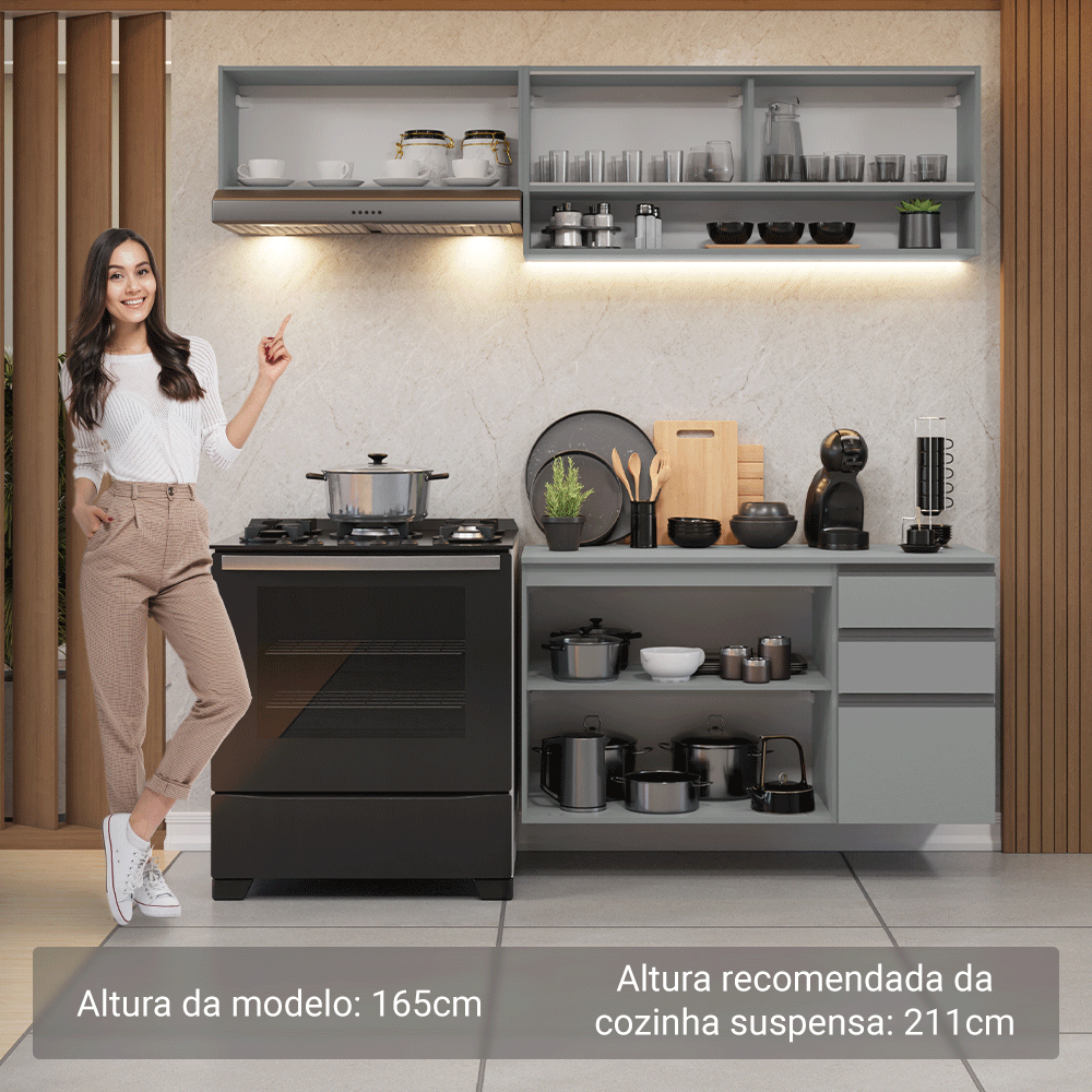 Armário de Cozinha Compacta Suspenso 200cm Cinza Nice Madesa 11