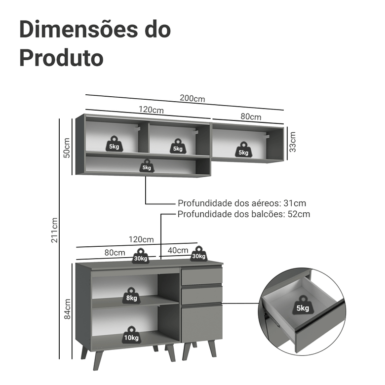 Armário de Cozinha Compacta 200cm Cinza Nice Madesa XA14