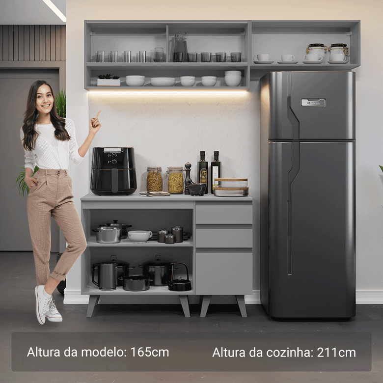 Armário de Cozinha Compacta 200cm Cinza Nice Madesa XA14