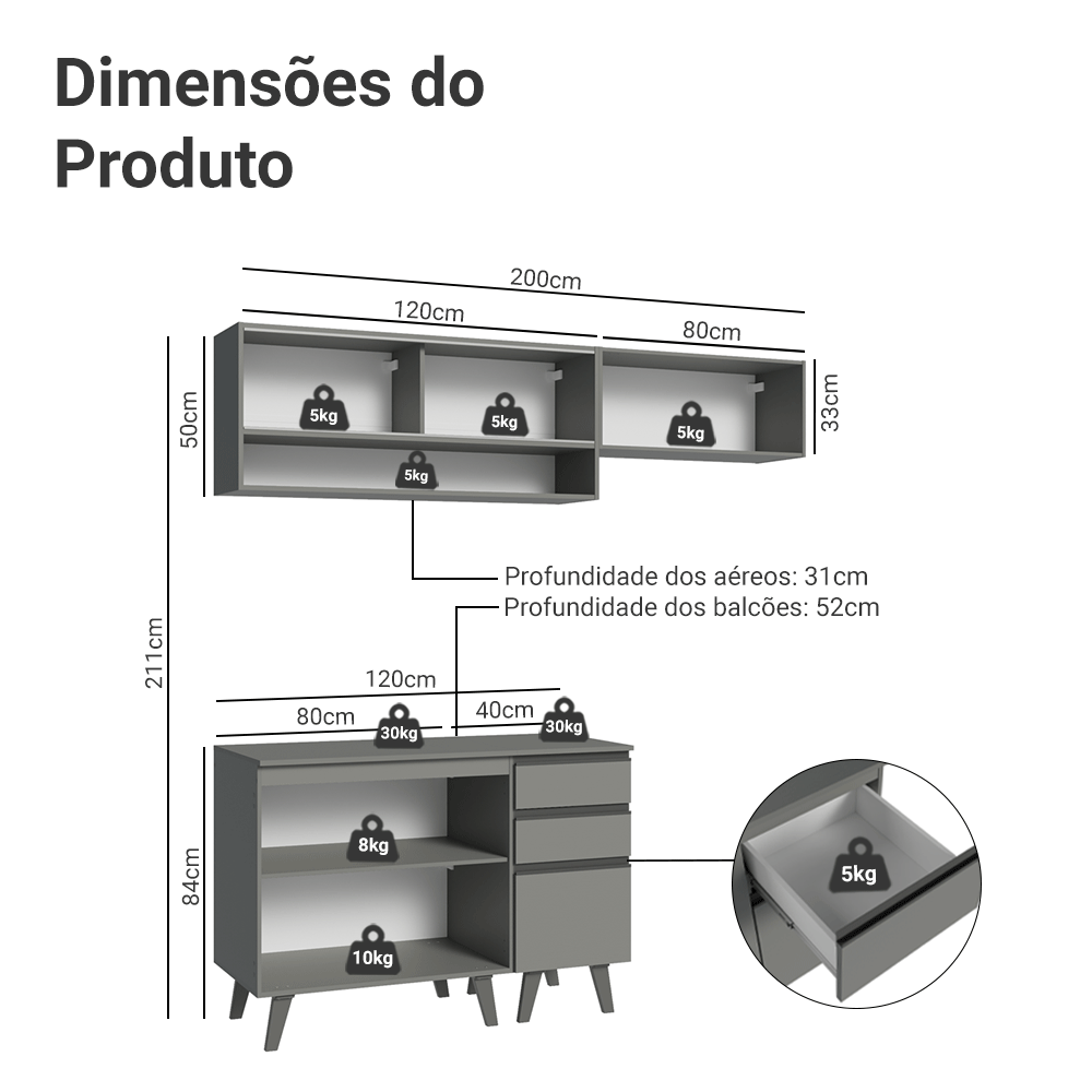 Armário de Cozinha Compacta 200cm Cinza Nice Madesa XA13