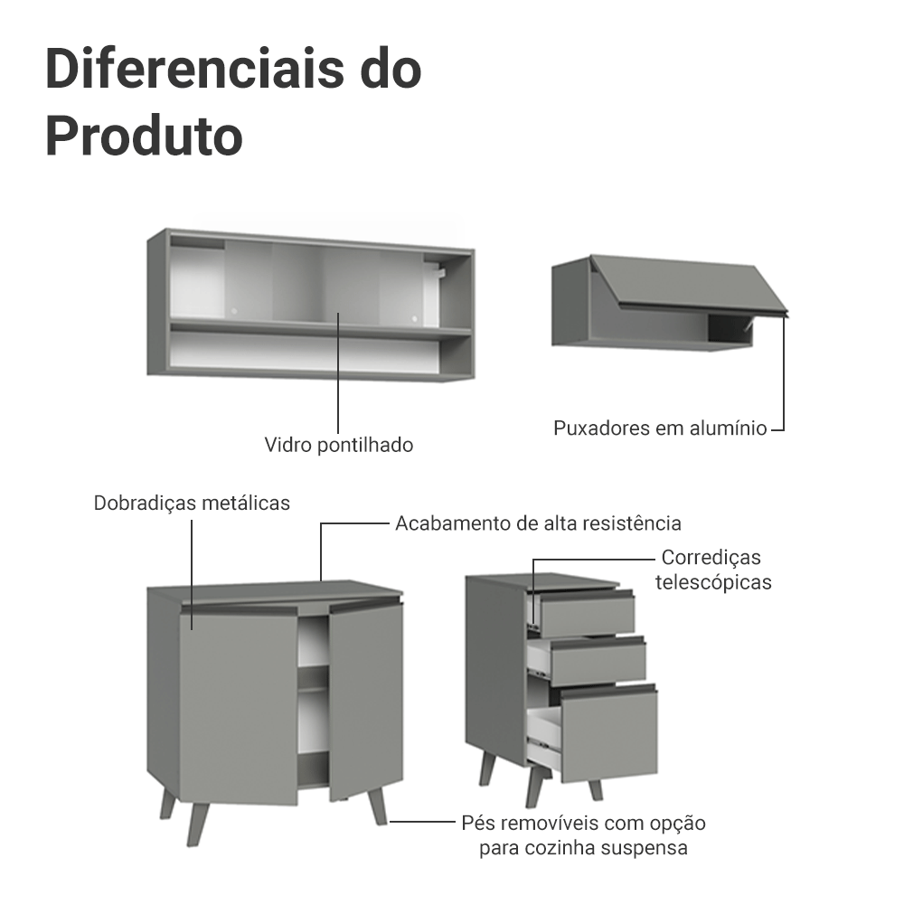 Armário de Cozinha Compacta 200cm Cinza Nice Madesa XA13