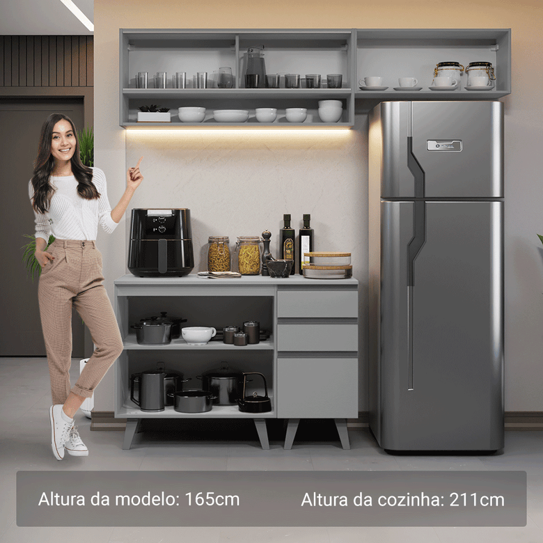 Armário de Cozinha Compacta 200cm Cinza Nice Madesa XA13