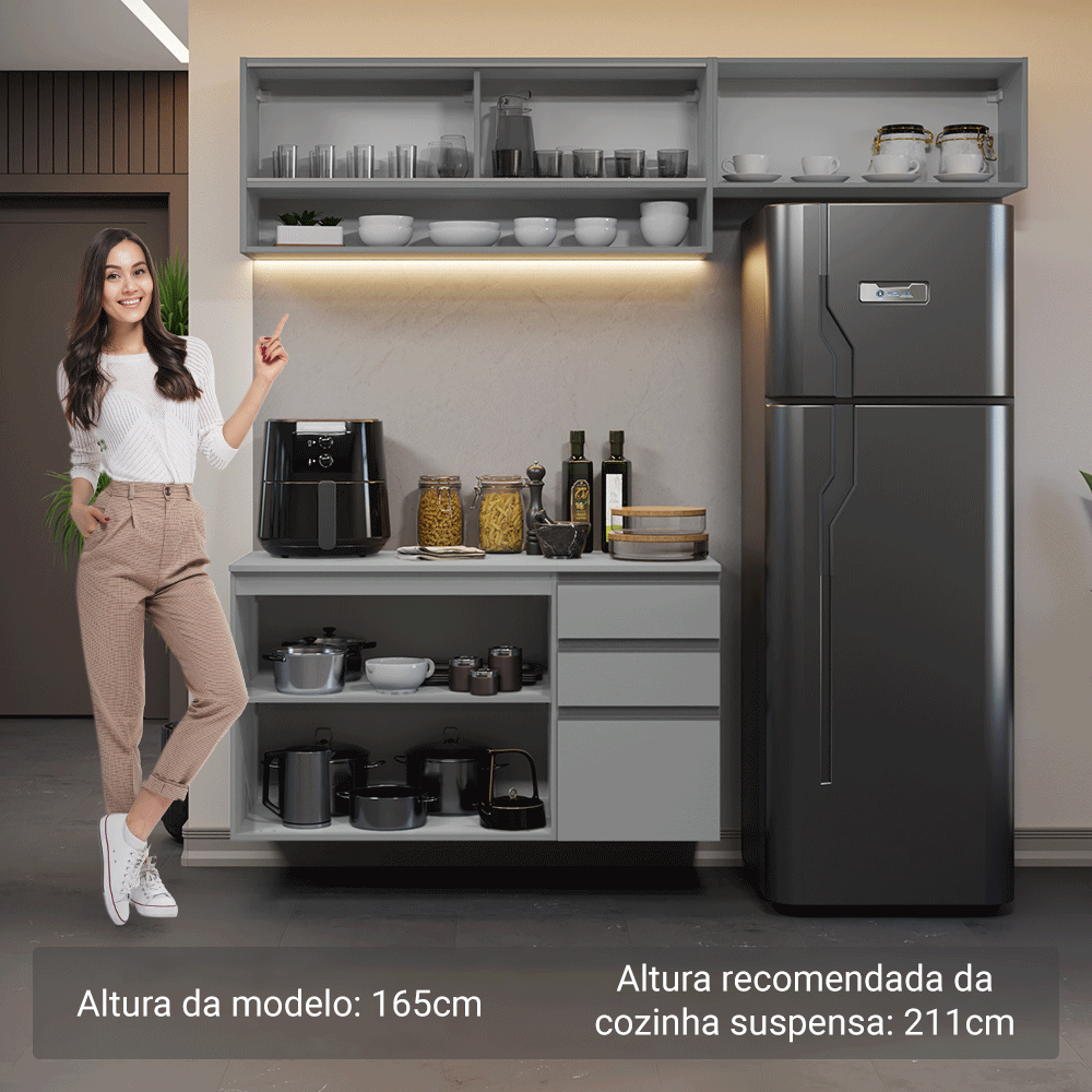 Armário de Cozinha Compacta Suspenso 200cm Cinza Nice Madesa XA12