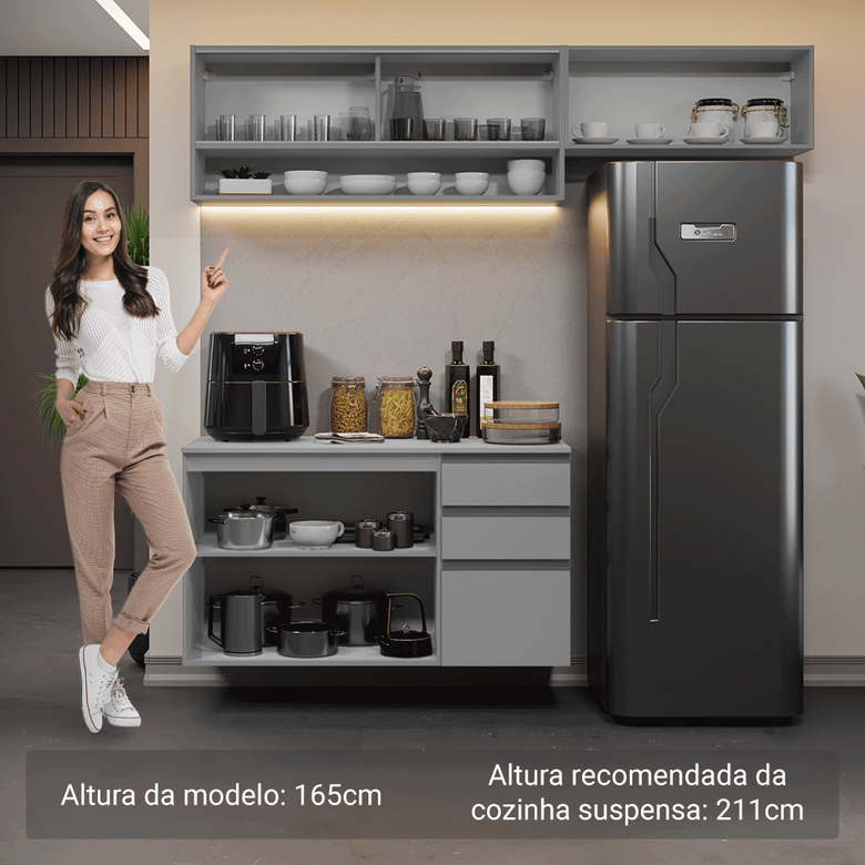 Armário de Cozinha Compacta Suspenso 200cm Cinza Nice Madesa XA12