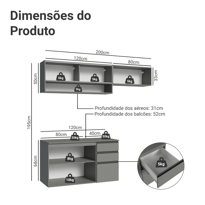 Armário de Cozinha Compacta Suspenso 200cm Cinza Nice Madesa XA11