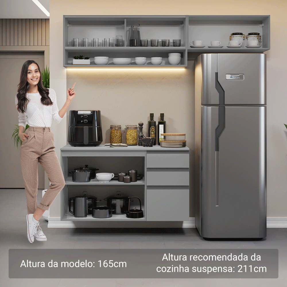 Armário de Cozinha Compacta Suspenso 200cm Cinza Nice Madesa XA11