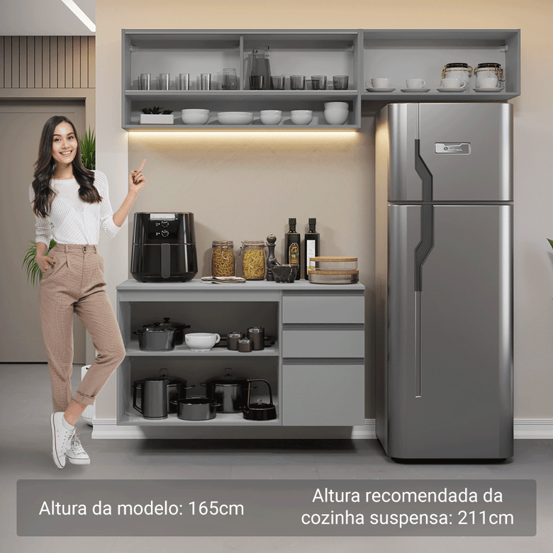 Armário de Cozinha Compacta Suspenso 200cm Cinza Nice Madesa XA11