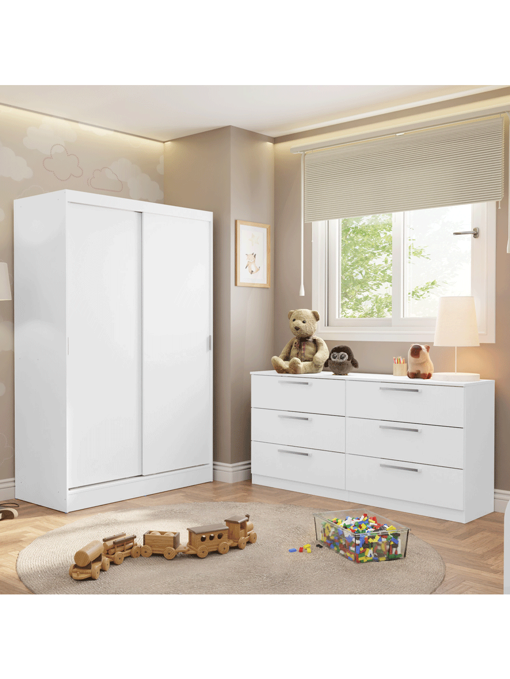 Quarto Infantil Completo Guarda-Roupa 2 Portas 2 Gavetas e Cômoda Madesa - Branco