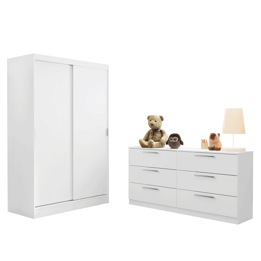 Quarto Infantil Completo Guarda-Roupa 2 Portas 2 Gavetas e Cômoda Madesa - Branco