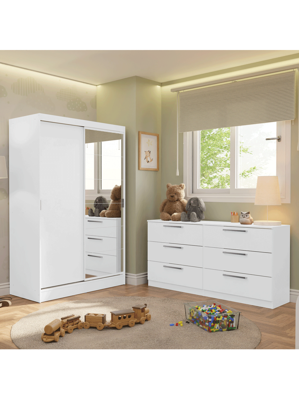 Quarto Infantil Completo Guarda Roupa 2 Portas 2 Gavetas com Espelho e Cômoda Madesa - Branco