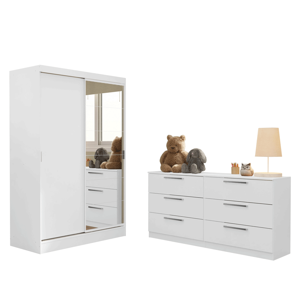 Quarto Infantil Completo Guarda Roupa 2 Portas 2 Gavetas com Espelho e Cômoda Madesa - Branco