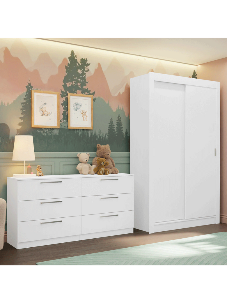 Conjunto Quarto Infantil com Guarda Roupa 2 Portas e Cômoda Madesa
