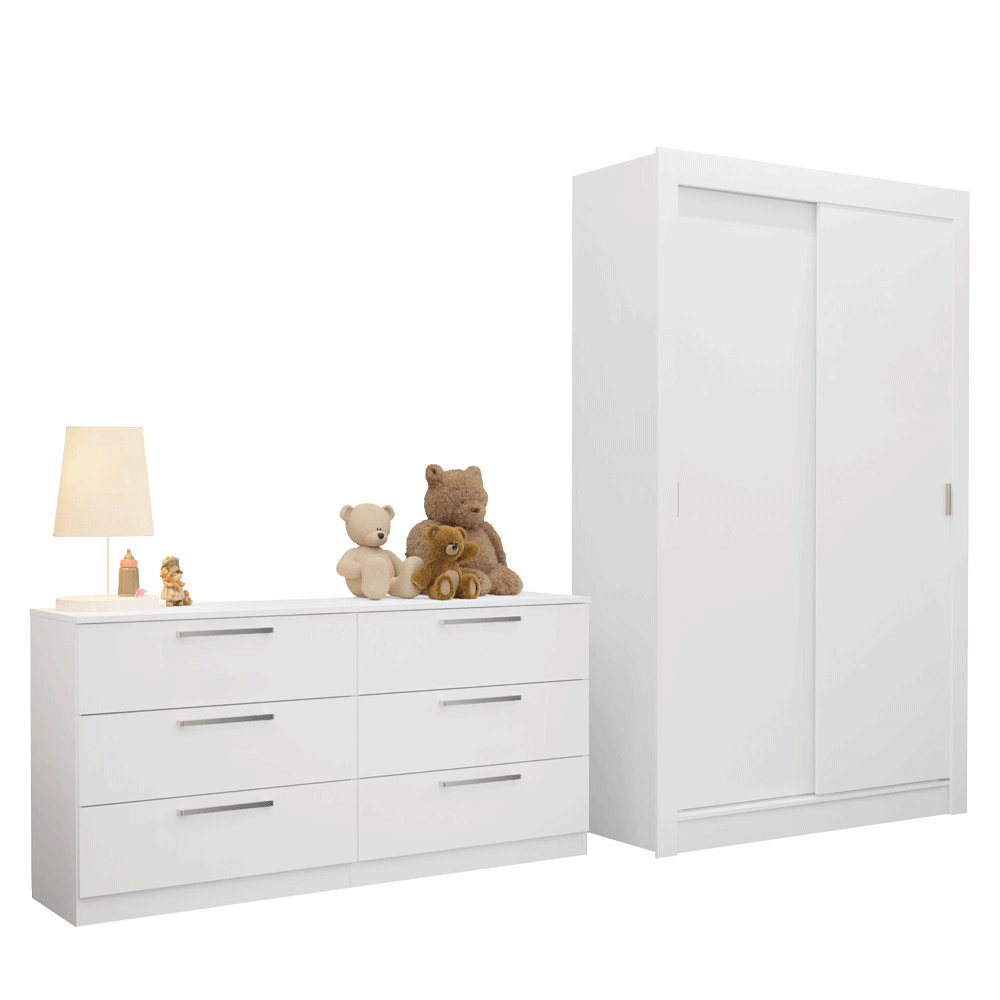 Conjunto Quarto Infantil com Guarda Roupa 2 Portas e Cômoda Madesa - Branco