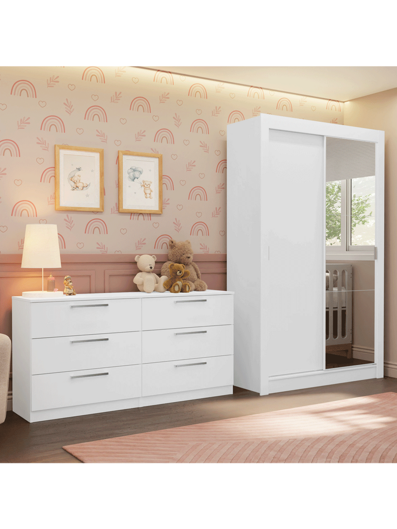 Conjunto Quarto Infantil com Guarda Roupa 2 Portas com Espelho e Cômoda Madesa