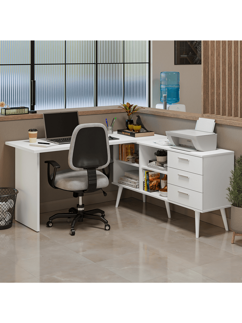 Mesa de Escritório em L 3 Gavetas Branco Lisboa Madesa