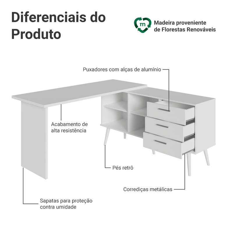 Mesa de Escritório em L 3 Gavetas Branco Lisboa Madesa