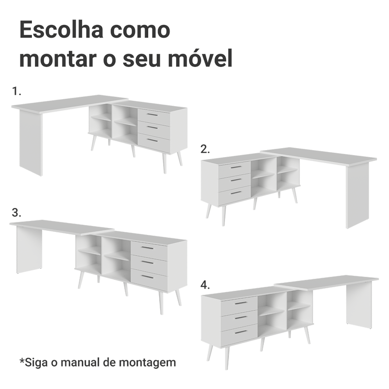Mesa de Escritório em L 3 Gavetas Branco Lisboa Madesa