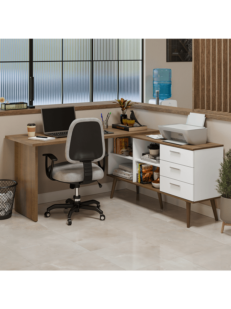 Mesa de Escritório em L 3 Gavetas Branco/Rustic Lisboa Madesa