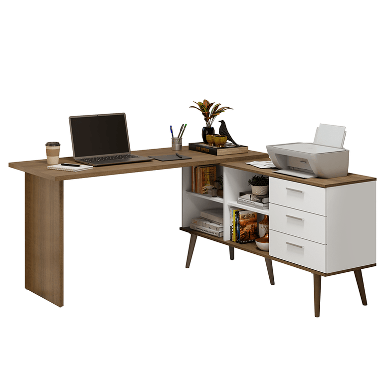 Mesa de Escritório em L 3 Gavetas Branco/Rustic Lisboa Madesa