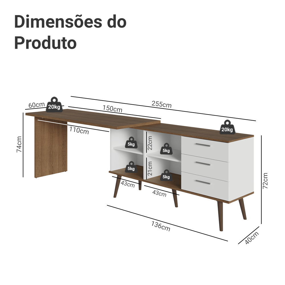 Mesa de Escritório em L 3 Gavetas Branco/Rustic Lisboa Madesa