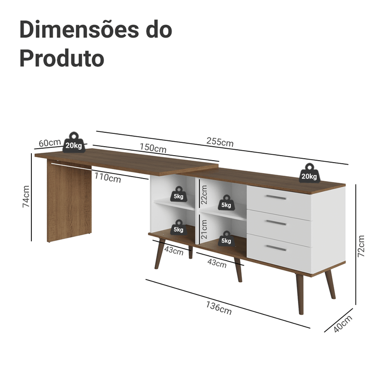 Mesa de Escritório em L 3 Gavetas Branco/Rustic Lisboa Madesa
