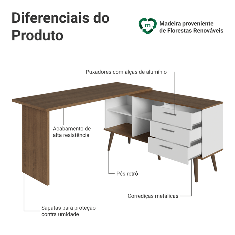 Mesa de Escritório em L 3 Gavetas Branco/Rustic Lisboa Madesa