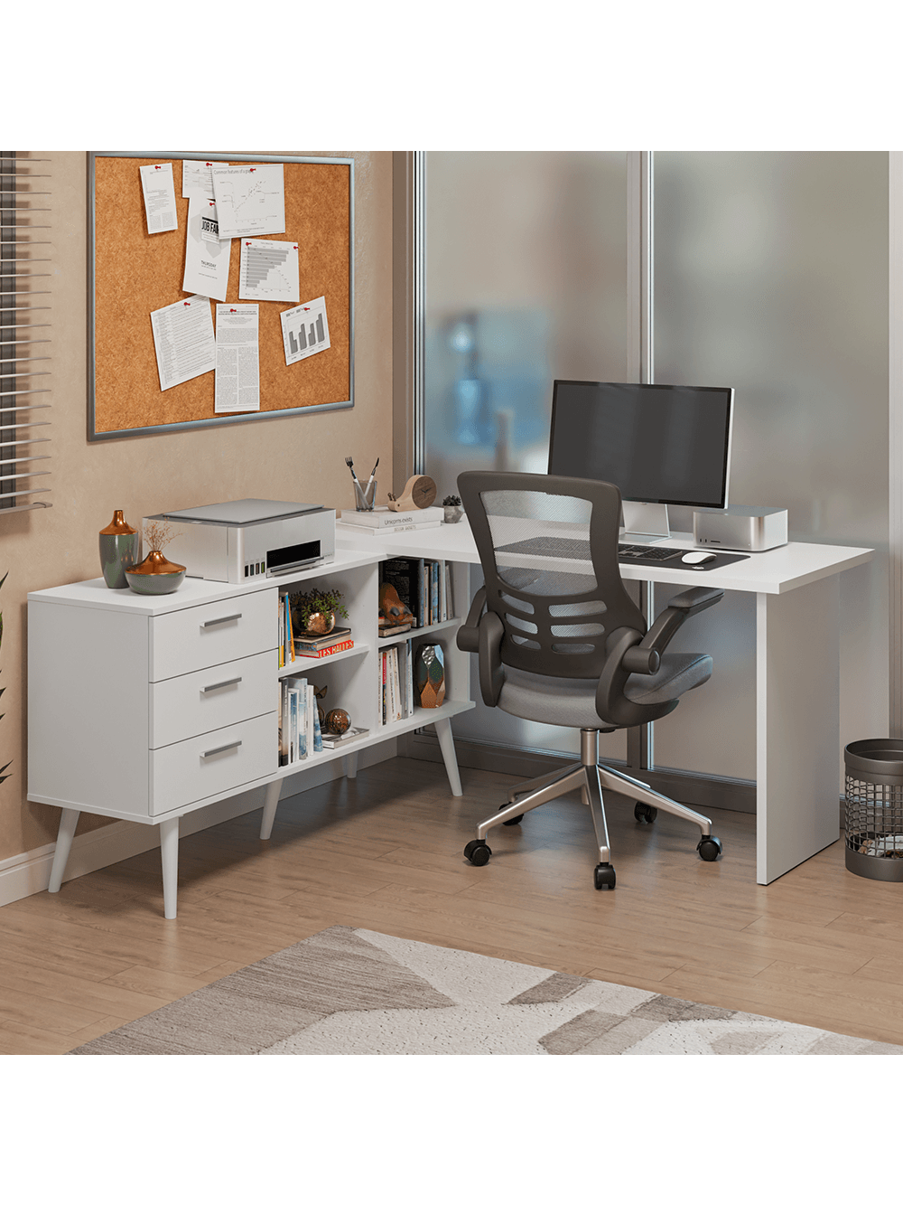 Mesa de Escritório em L 3 Gavetas Branco Lisboa Madesa XA - Branco