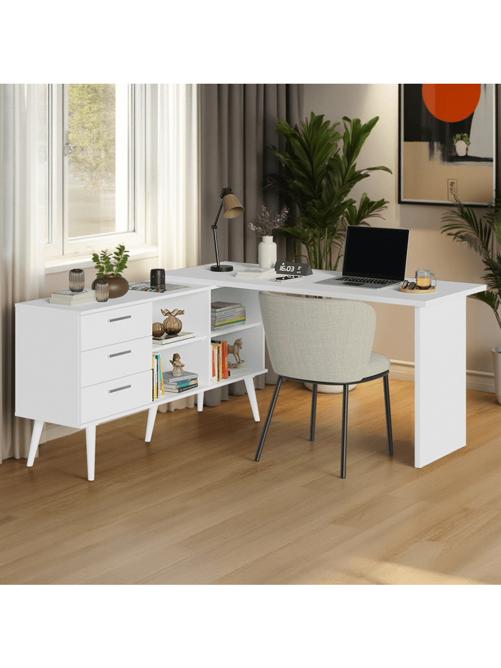 Mesa de Estudos em L 3 Gavetas Branco Lisboa Madesa - Branco