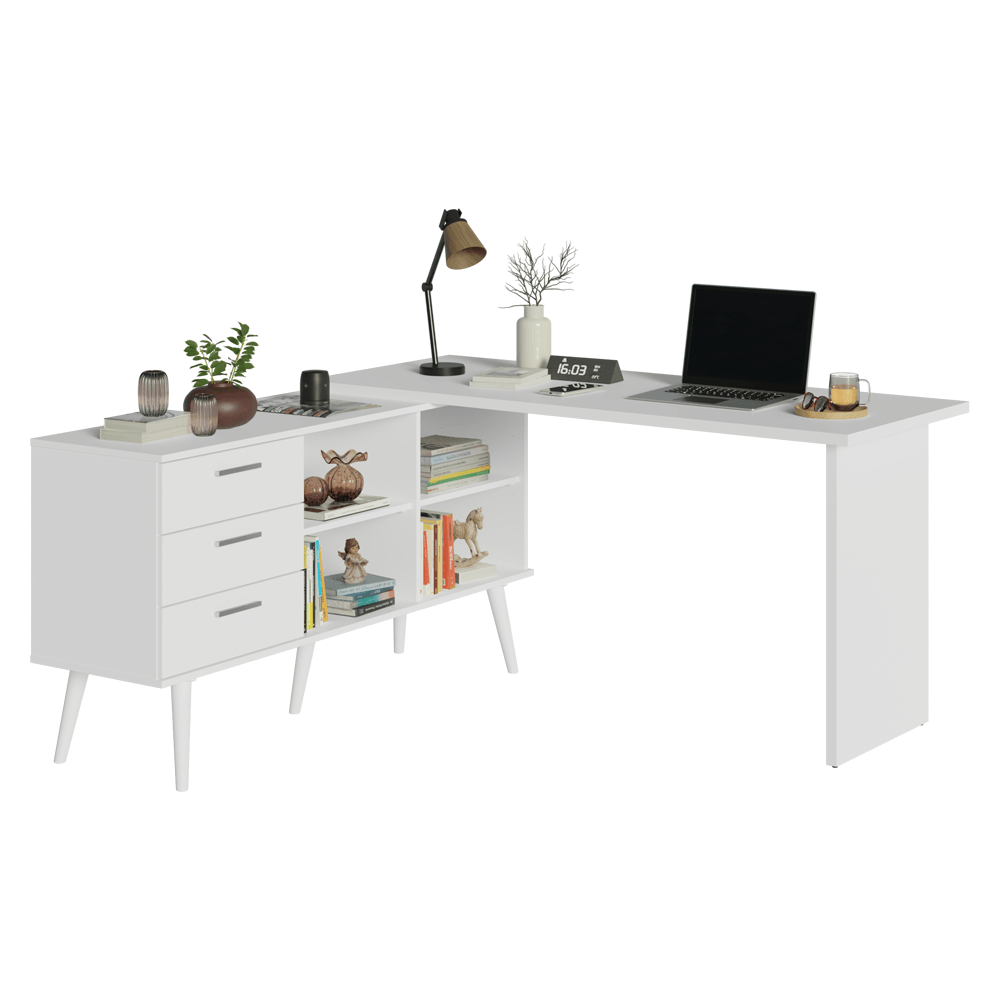 Mesa de Estudos em L 3 Gavetas Branco Lisboa Madesa - Branco
