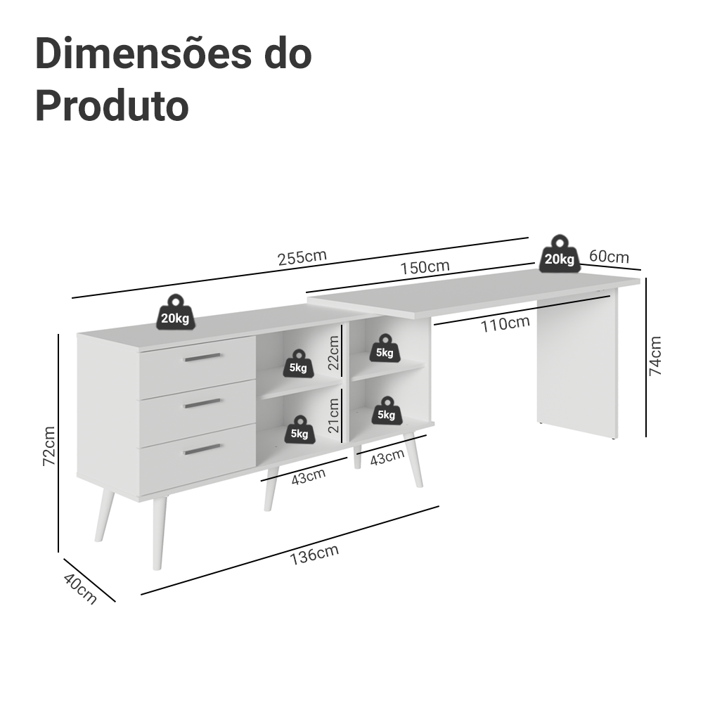 Mesa de Estudos em L 3 Gavetas Branco Lisboa Madesa