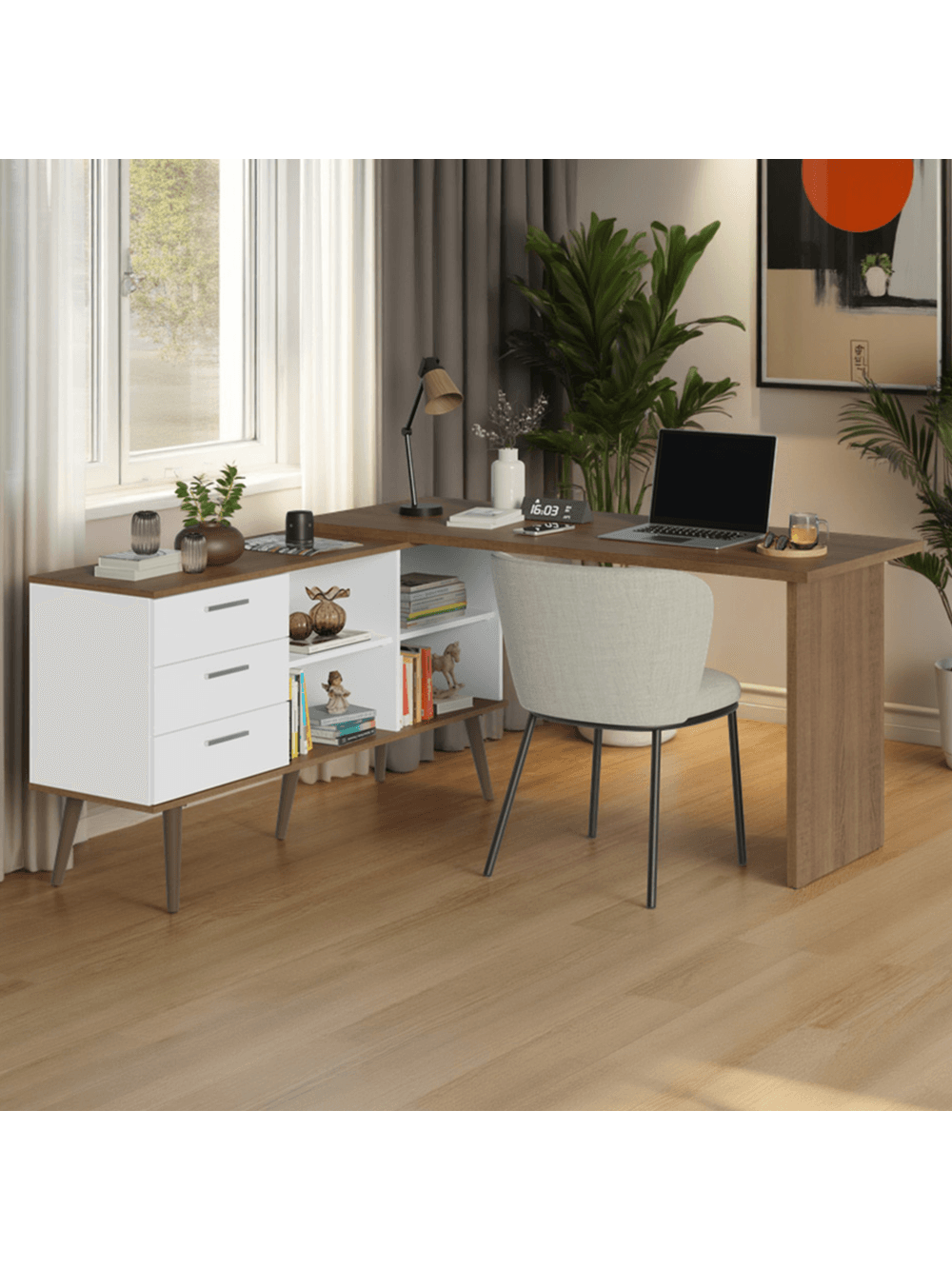 Mesa de Estudos em L 3 Gavetas Branco/Rustic Lisboa Madesa - Branco/Rustic