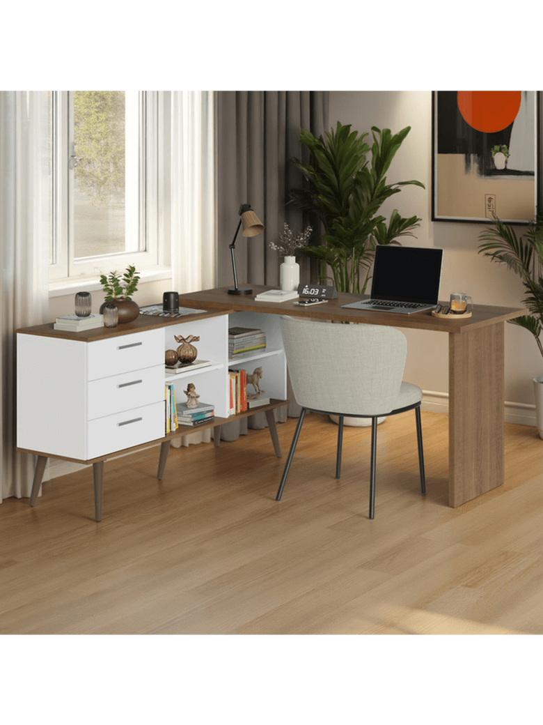 Mesa de Estudos em L 3 Gavetas Branco/Rustic Lisboa Madesa