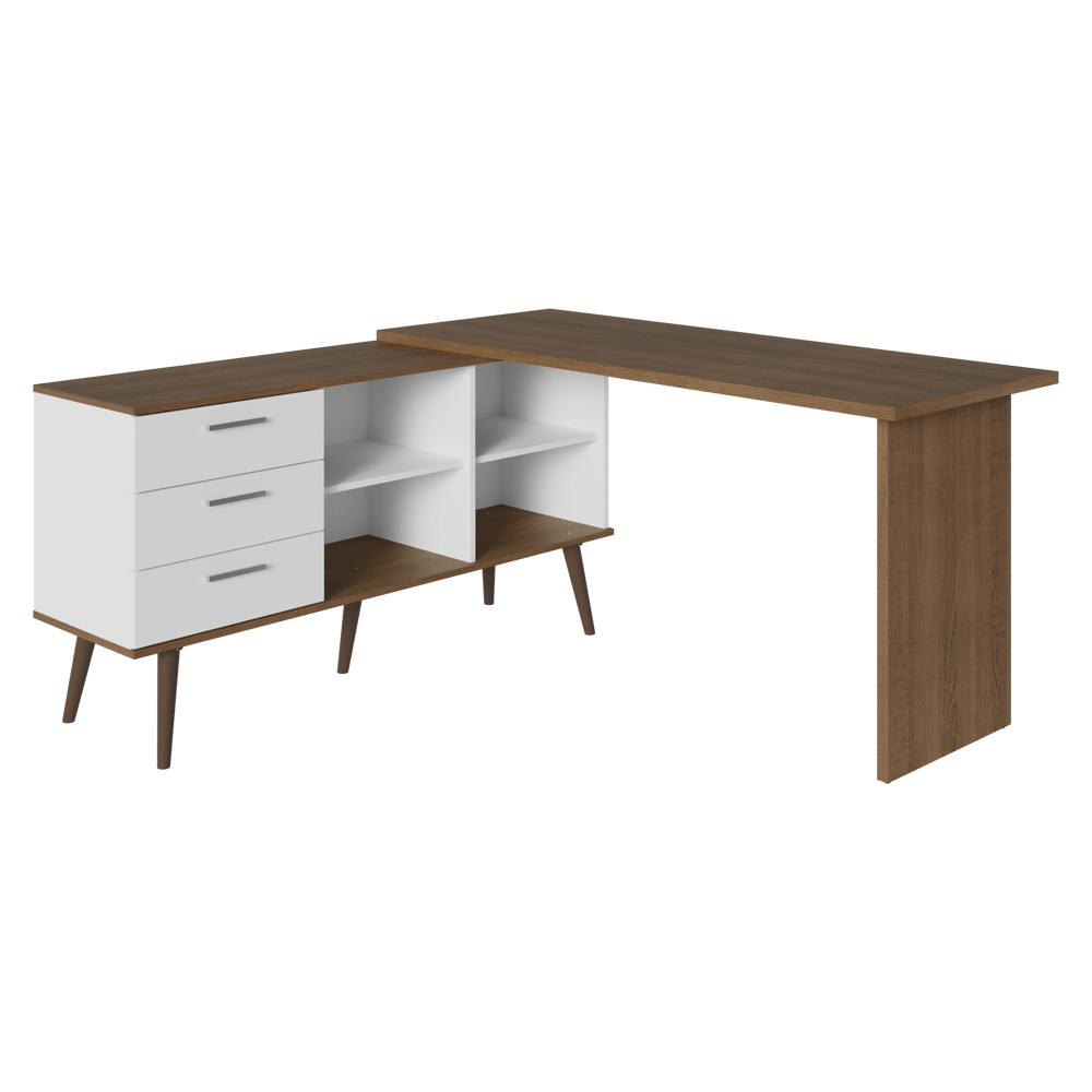 Mesa de Estudos em L 3 Gavetas Branco/Rustic Lisboa Madesa