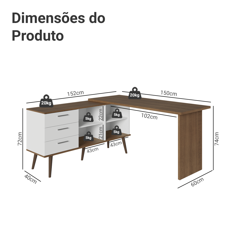 Mesa de Estudos em L 3 Gavetas Branco/Rustic Lisboa Madesa