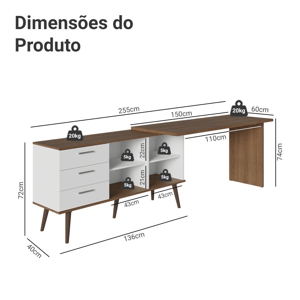 Mesa de Estudos em L 3 Gavetas Branco/Rustic Lisboa Madesa