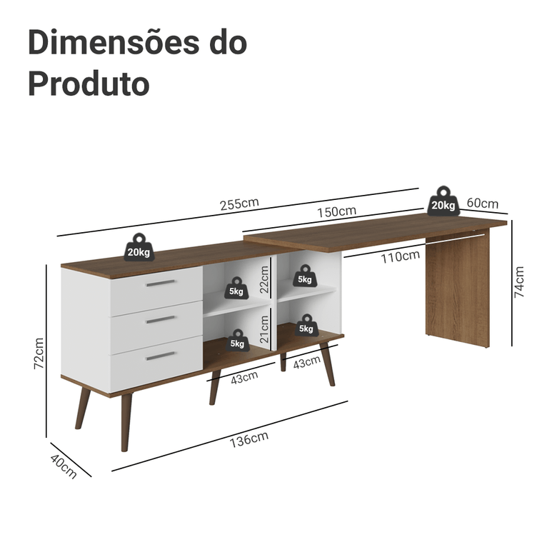 Mesa de Estudos em L 3 Gavetas Branco/Rustic Lisboa Madesa