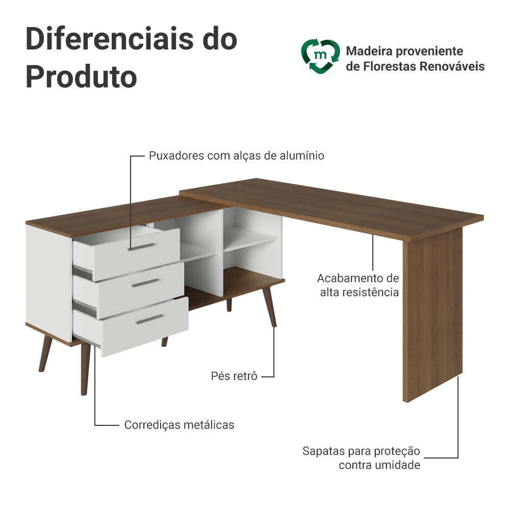 Mesa de Estudos em L 3 Gavetas Branco/Rustic Lisboa Madesa