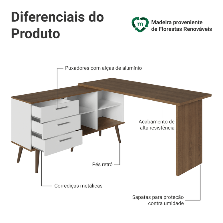 Mesa de Estudos em L 3 Gavetas Branco/Rustic Lisboa Madesa