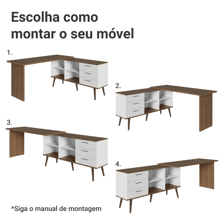Mesa de Estudos em L 3 Gavetas Branco/Rustic Lisboa Madesa