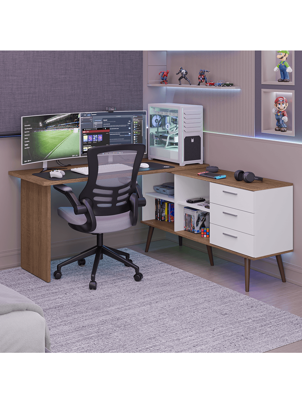 Mesa para Computador Gamer em L 3 Gavetas Branco/Rustic Lisboa Madesa - Branco/Rustic