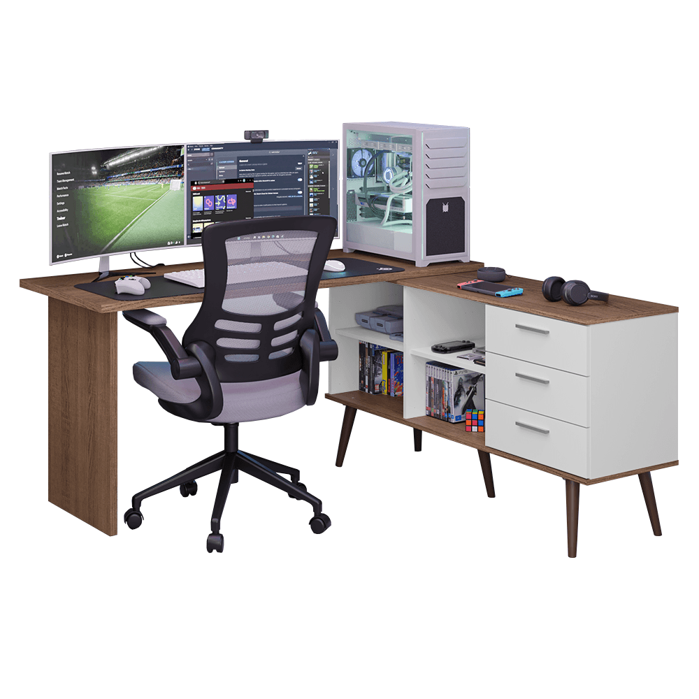 Mesa para Computador Gamer em L 3 Gavetas Branco/Rustic Lisboa Madesa - Branco/Rustic