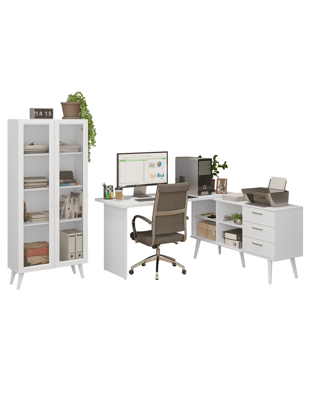 Kit 2 Peças com Escrivaninha em L 3 Gavetas e Armário Multiuso com Vidro Branco Madesa - Branco