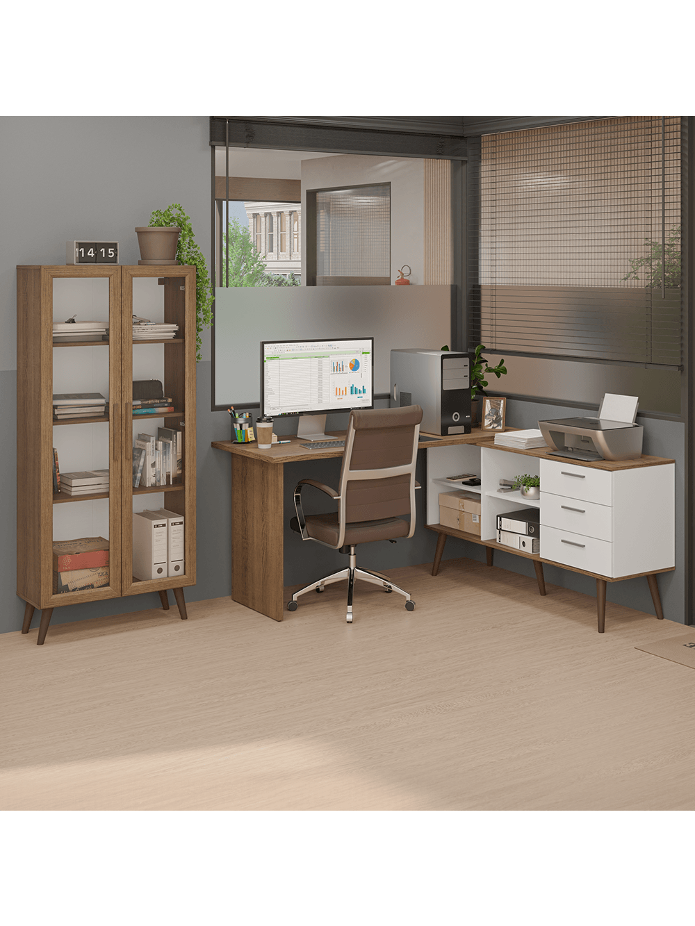 Kit 2 Peças com Escrivaninha em L 3 Gavetas e Armário Multiuso com Vidro Rustic/Branco Madesa - Rustic/Branco