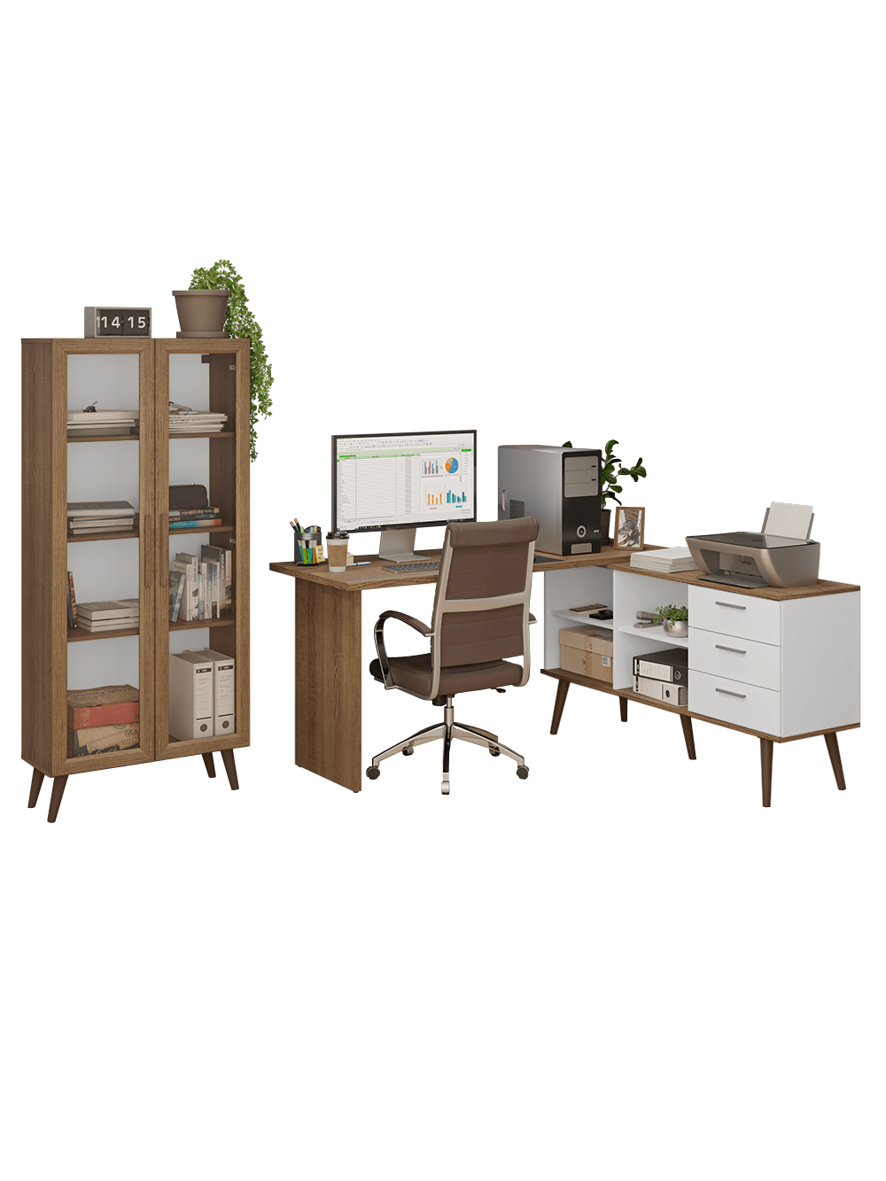 Kit 2 Peças com Escrivaninha em L 3 Gavetas e Armário Multiuso com Vidro Rustic/Branco Madesa - Rustic/Branco