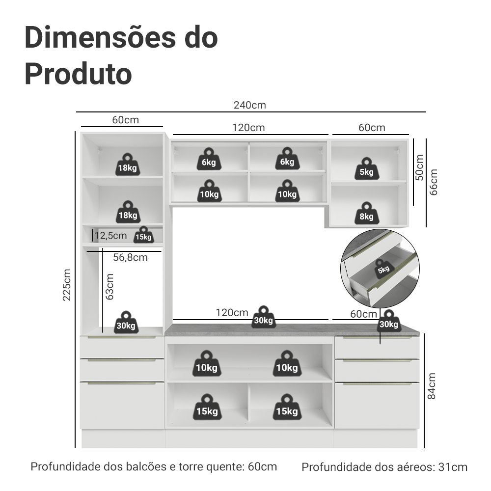 Armário de Cozinha Completa 240cm Branco Veludo Lux Madesa 08