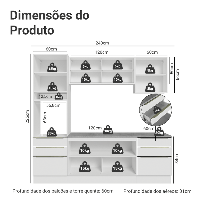 Armário de Cozinha Completa 240cm Branco Veludo Lux Madesa 08